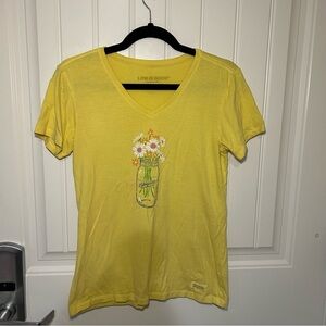 Life is Good Yellow & Floral Vase Print Short Sleeve Crusher Tee Size XS